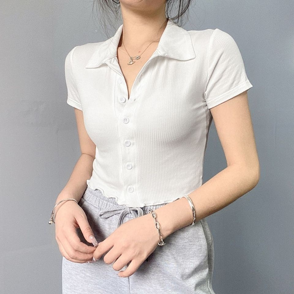 ✢✲✥Suhao Eropa dan Amerika Sederhana Slim Polo Kerah Rajutan Lengan Pendek T-shirt Wanita Kerah Renda Tombol Cardigan all-Match Tipis Top