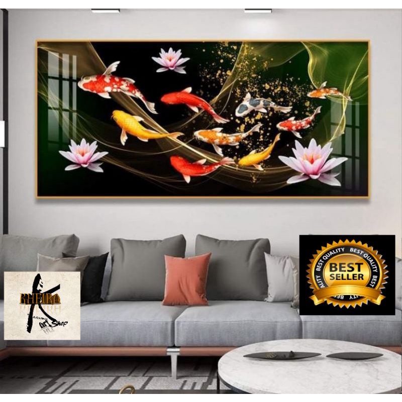 Hiasan dinding Lukisan 9 Ikan Koi dan 3 bunga lotus  Fengshui