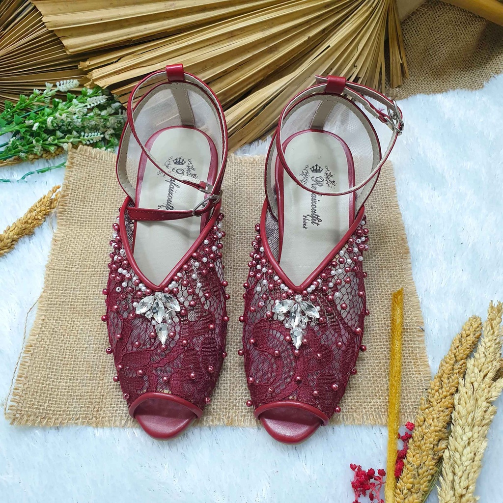 sepatu wedding pesta cantik Rania merah maroon hak 5cm kaca