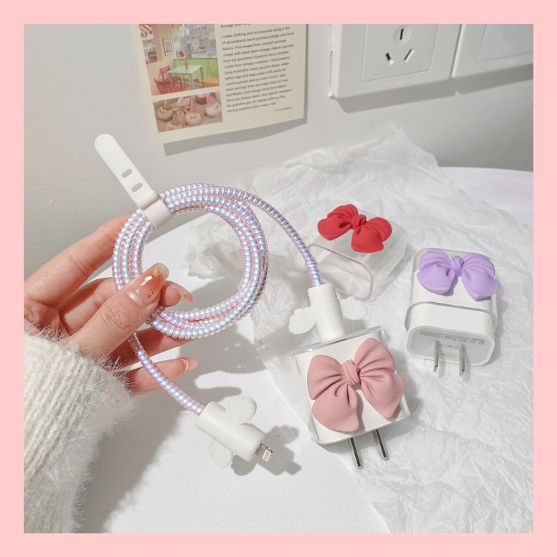 Pink &amp; Purple Bow Softcase Pelindung Kabel Cas HP Lucu Cable Charger Protector for iphone