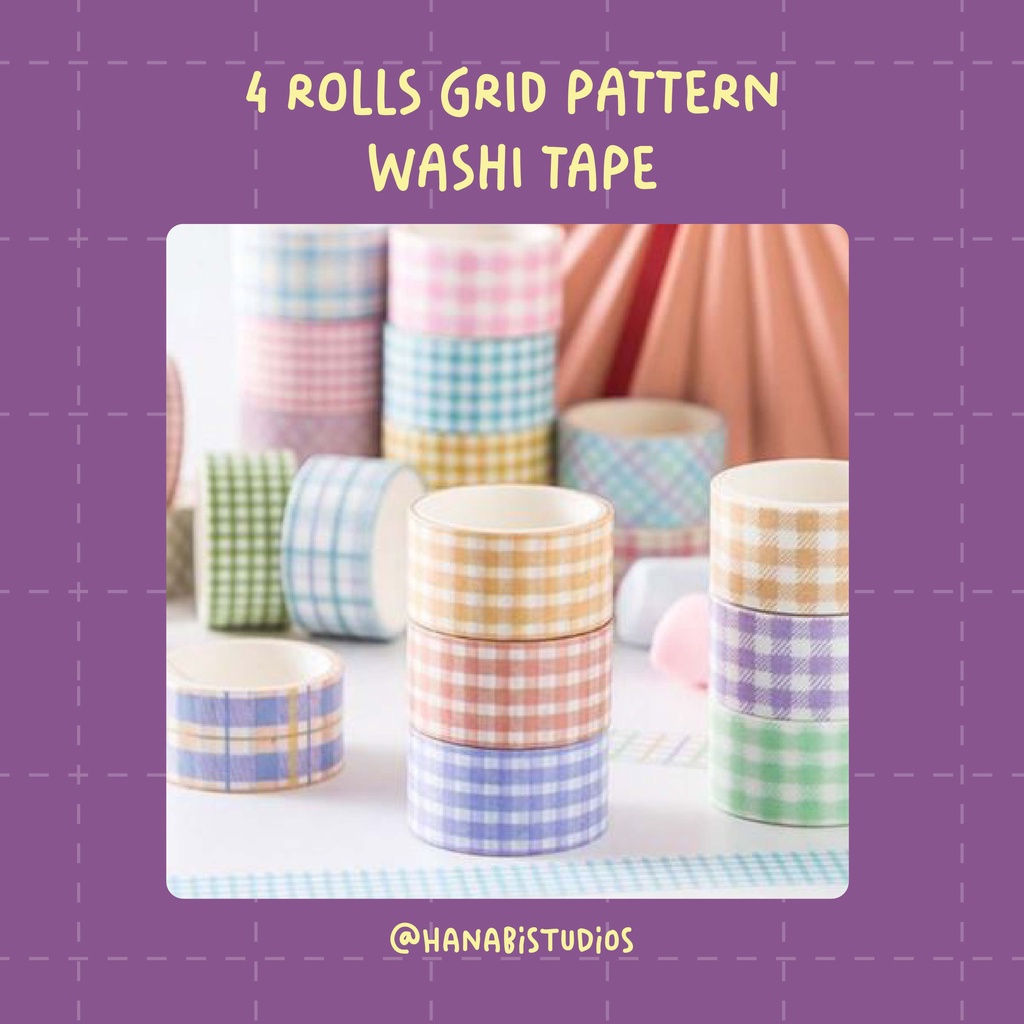 4 ROLLS GRID PATTERN WASHI TAPE | MASKING TAPE JURNAL DECO SCRAPBOOK