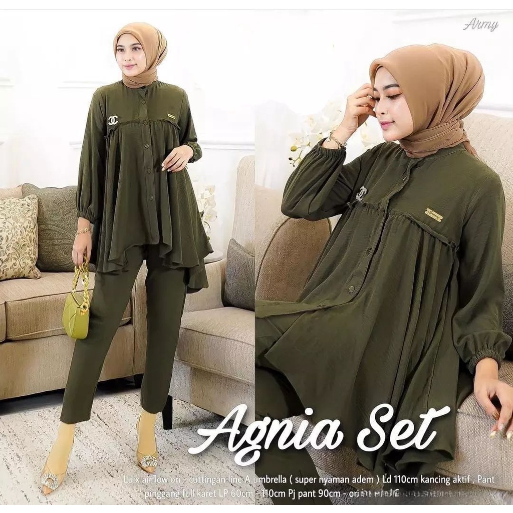 Agnia Set Baju Setelan Wanita Dewasa Bahan Crinkle Airflow Setelan Tunik dan Celana One Set Wanita O