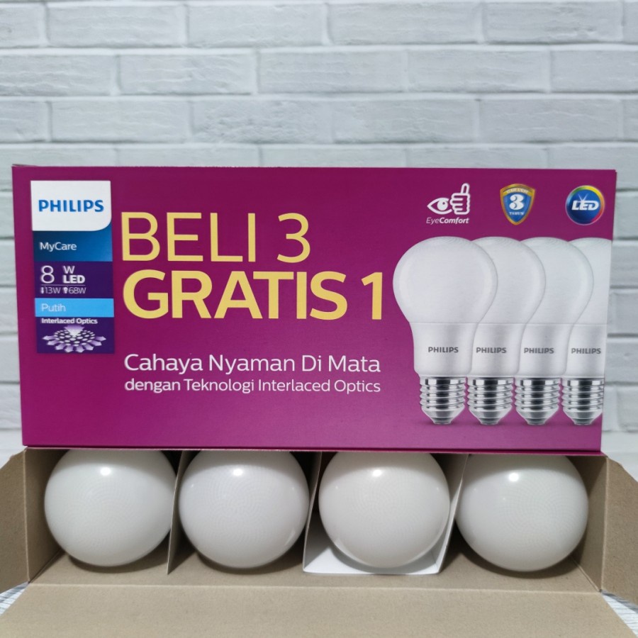 Philips Lampu Bohlam Led Mycare 8W Paket Led Bulb 8 Watt Isi 4 Putih