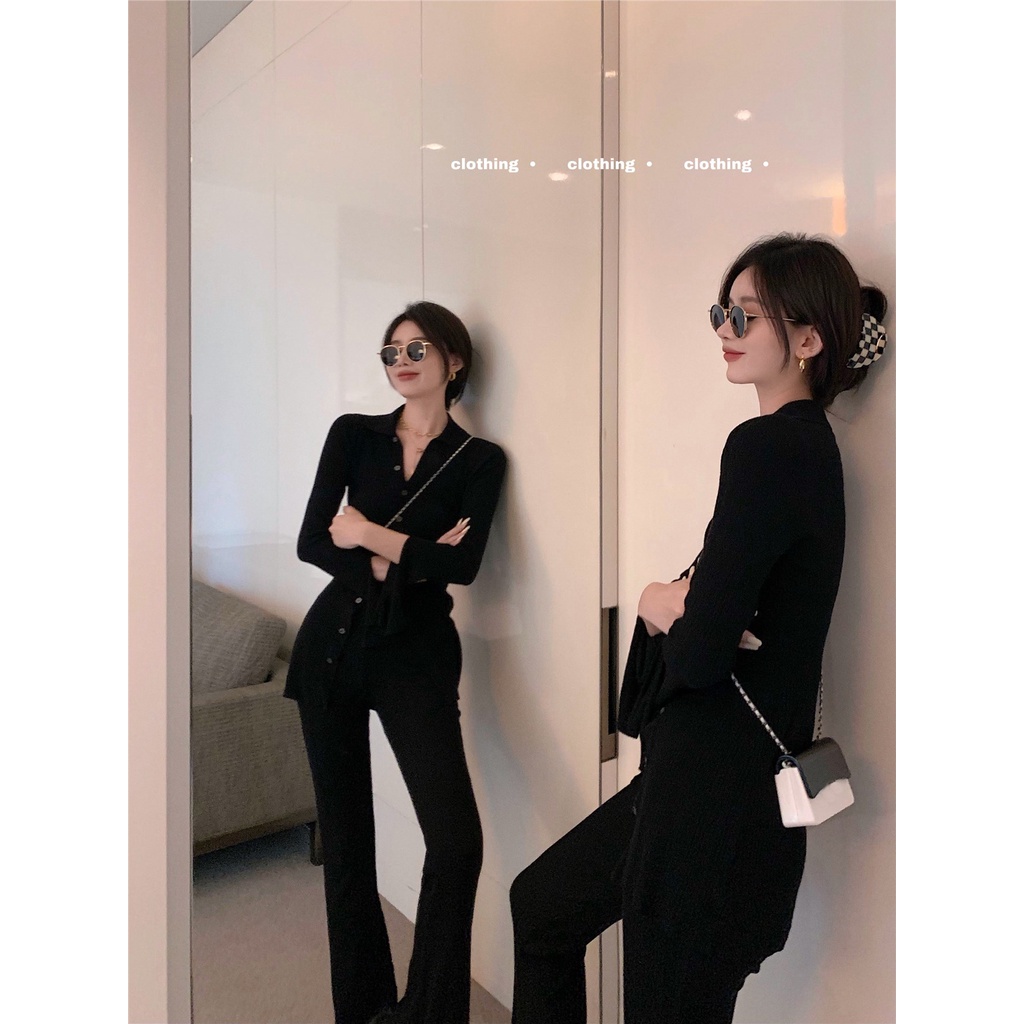 ℡☸✔Suhao Black Spice Girls Kardigan Rajutan Wanita Desain Musim Gugur Rasa Niche Kerah Mantel Temperamen Pinggang Slim Atasan Lengan Panjang