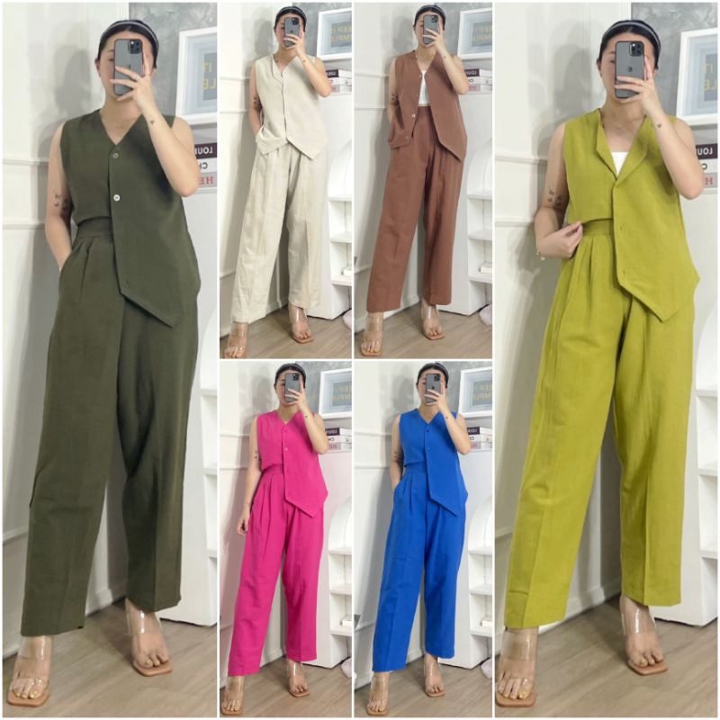 ♡ PREMIUM ♡ ORIGINAL ! REISA 2 IN 1 SET BUTTON VEST OUTER WITH LONG PANTS / SETELAN ROMPI &amp; CELANA PANJANG ( HIJAB FRIENDLY )