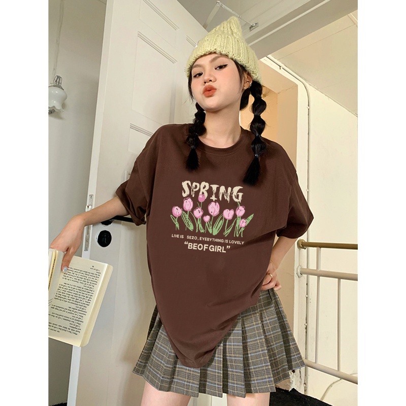 [100%  Katun]Vintage Kaos Lengan Pendek Cream Atasan Wanita Oversize Flower Printed T-shirt Kekinian Korean Style/kaos anak perempuan