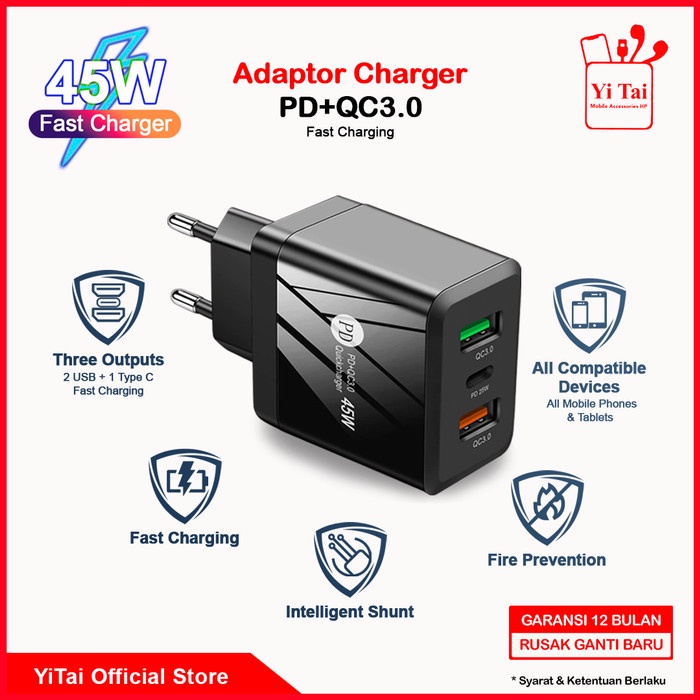 ADAPTOR CHARGER YITAI 2 USB + 1 PORT TYPE C 45W PD + QC3.0 -CG08 - BDC