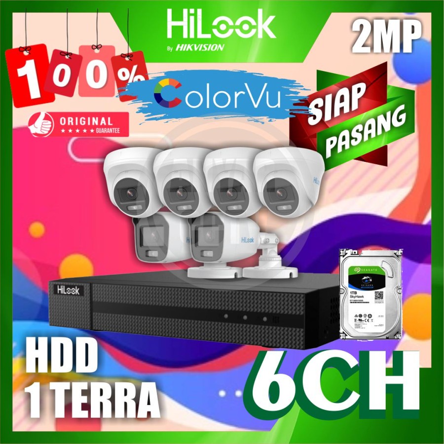 Paket CCTV HiLook 2MP COLORVU 6 KAMERA HDD 1TB SIAP PASANG