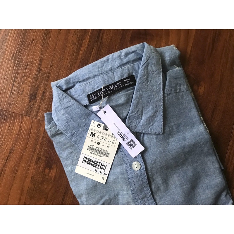 ZARA original import tunik wanita warna biru muda denim motif bunga