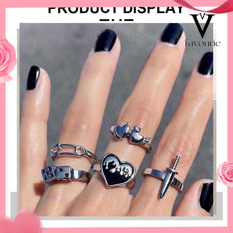 CODDomingo Ring Alloy peniti dadu love pedang retro silver cincin wanita fashion korea 5 set-FA