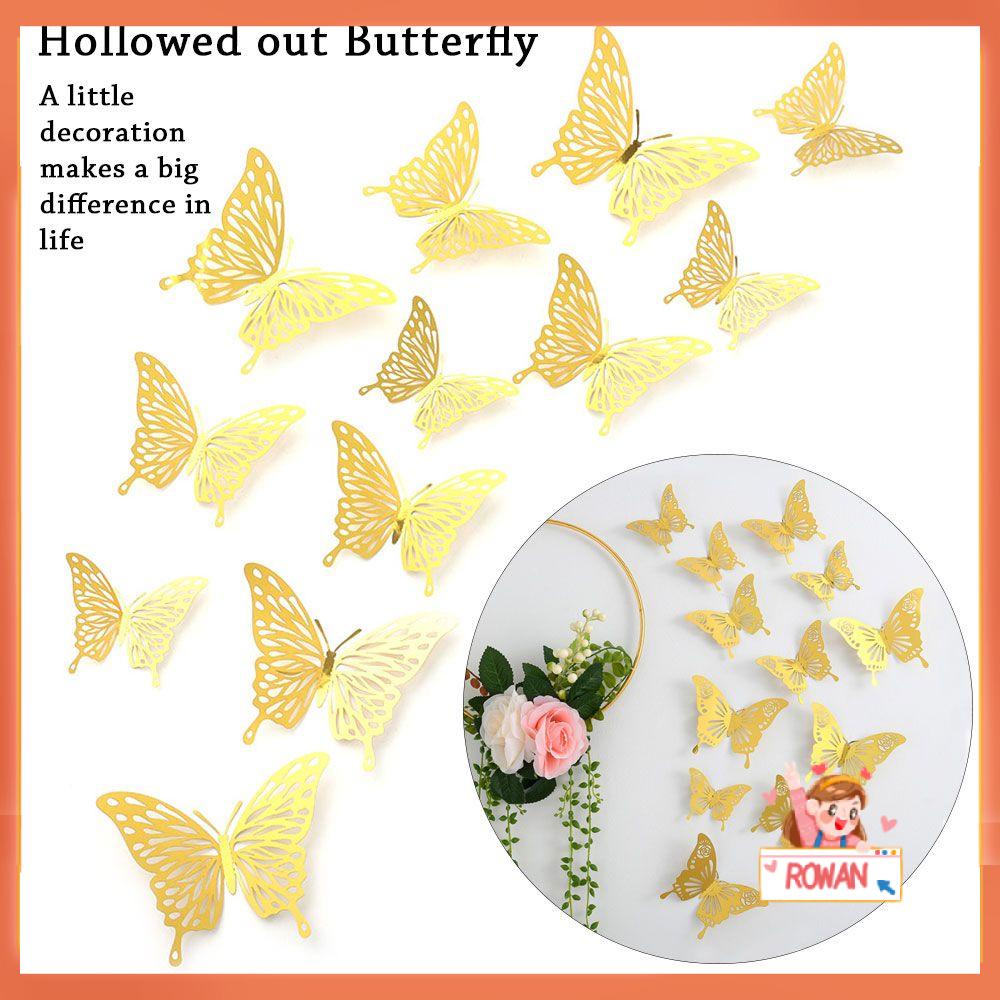 R-flower Butterfly Wall Stiker 12PCS Tekstur Logam Berongga Perlengkapan Pesta Dekorasi Dinding