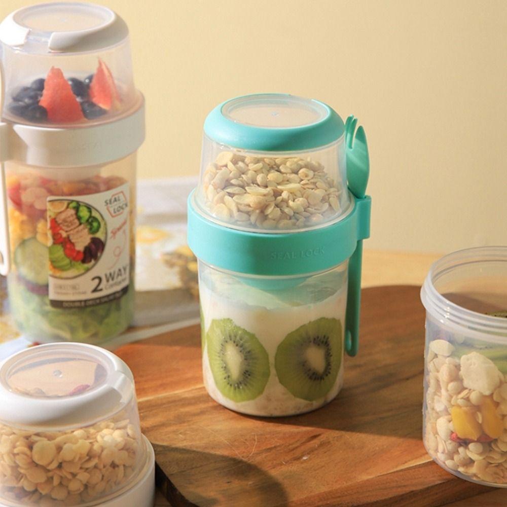 [Elegan] Salad Cup Portable Plastik Dengan Garpu Dipisahkan Double-layer Fresh-keeping Lunch Box