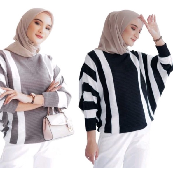 BLOUSE BATWING RAJUT ZEBRA / BATWING RAJUT STRIPE / LASPERAL RAJUT  BERGARIS / OVERSIZE BLOUSE / ATASAN SWEATER MODEL KELELAWAR / PAKAIAN RAJUT WANITA