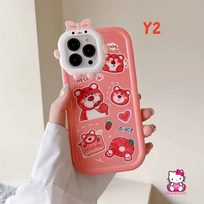 Kartun Manis Strawberry Bear Manyo Case Kompatibel Untuk iPhone XR 6s 6 8 7 Plus 11 Pro Max 13 12 14 Pro Max 14 Plus X XS Max SE 2020lucu 3D Busur Simpul Monster Kecil Lensa Soft Cover