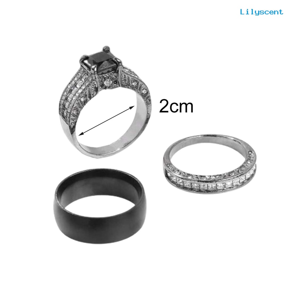 [LS]3Pcs /Set Cincin Pasangan Laporan Permukaan Halus Paduan Persegi Bertatahkan Cubic Zirconia Pernikahan Band Perhiasan Fashion