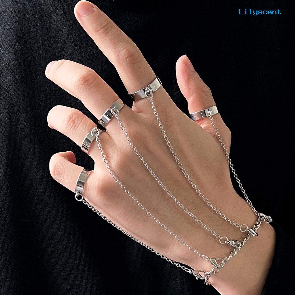 [LS] Rantai Multilayer Yang Dapat Dilepas Warna Perak Hand Harness Gelang Punk Geometris Pria Cincin Gelang Perhiasan Aksesoris