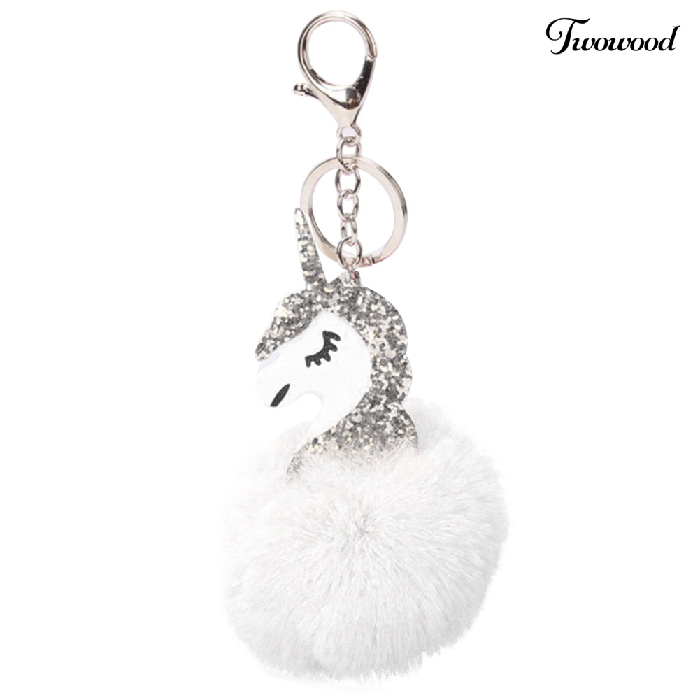 Twowood Lucu Shiny Sequin Unicorn Keychain Faux Fur Ball Keyring Bag Gantung Liontin