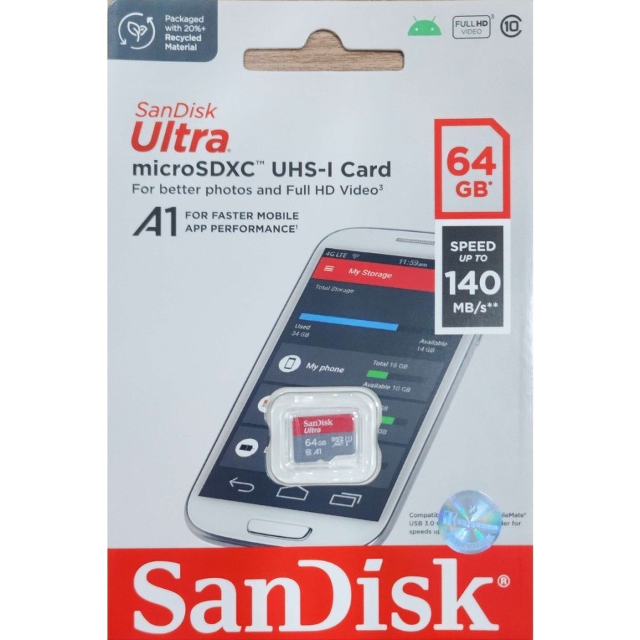 SanDisk Ultra A1 Micro SD / MicroSD Card 64Gb 140MBps Class 10