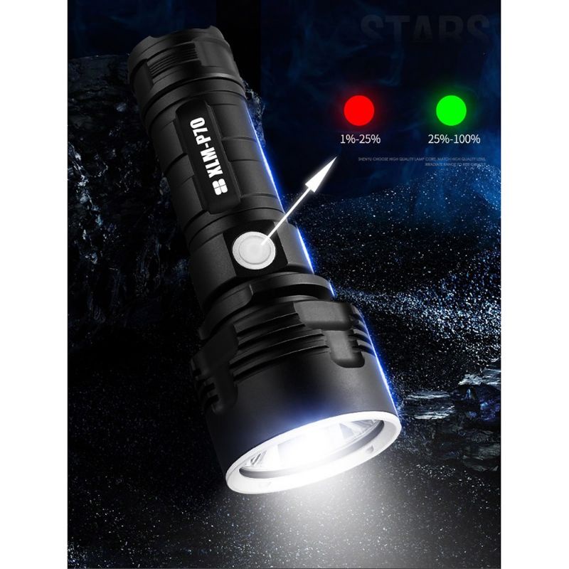 Senter LED USB Recharge P70 50W 1000 Lumens with 26650 Battery With 26650 Battery