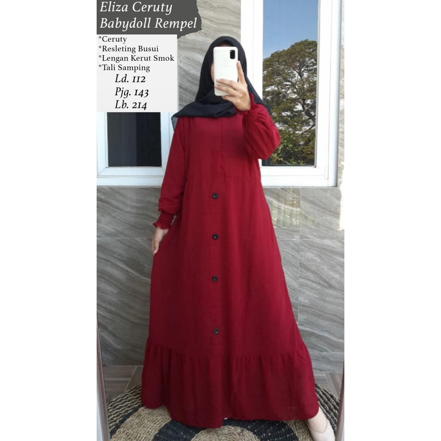 Eliza Ceruty Babydoll Rampel/ Gamis Ceruty Premium Serut Susun Rempel Polos Jumbo/ Gamis Syar'i Prem