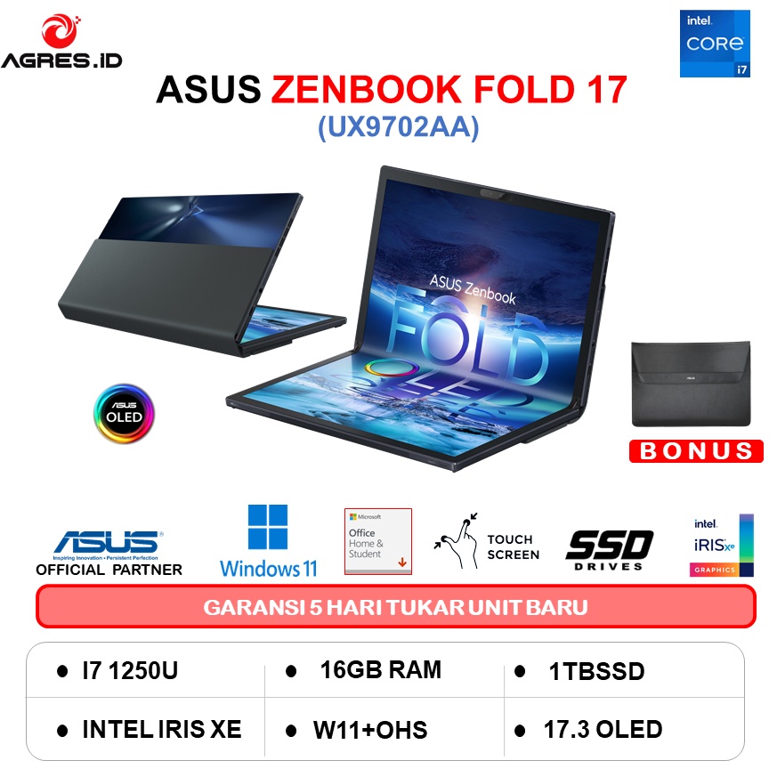 ASUS ZENBOOK FOLD 17 UX9702AA FOLED711 TOUCH I7 1250U 16GB 1TBSSD IRISXE 17.3FOLED W11+OHS BLK