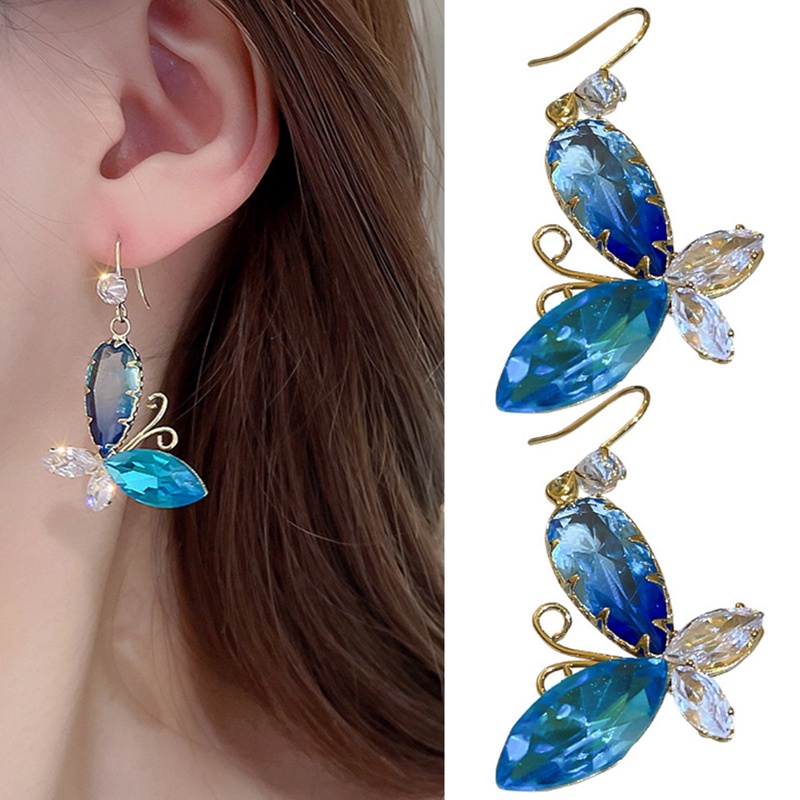 Anting Fringe Permata Kupu-Kupu Biru Temperamen Vintage Elegan Untuk Wanita Korea Fashion Earring Pesta Perhiasan Hadiah