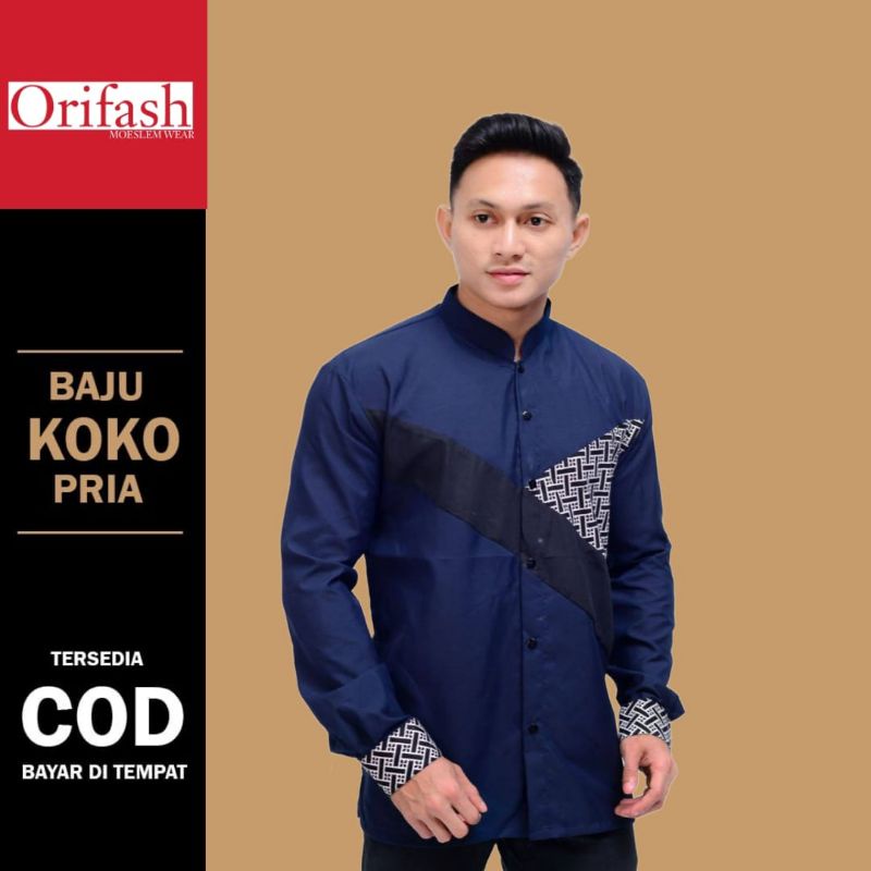 Baju muslim pria lengan panjang kombinasi batik koko pria terbaru material catton halus tebal size M L XL