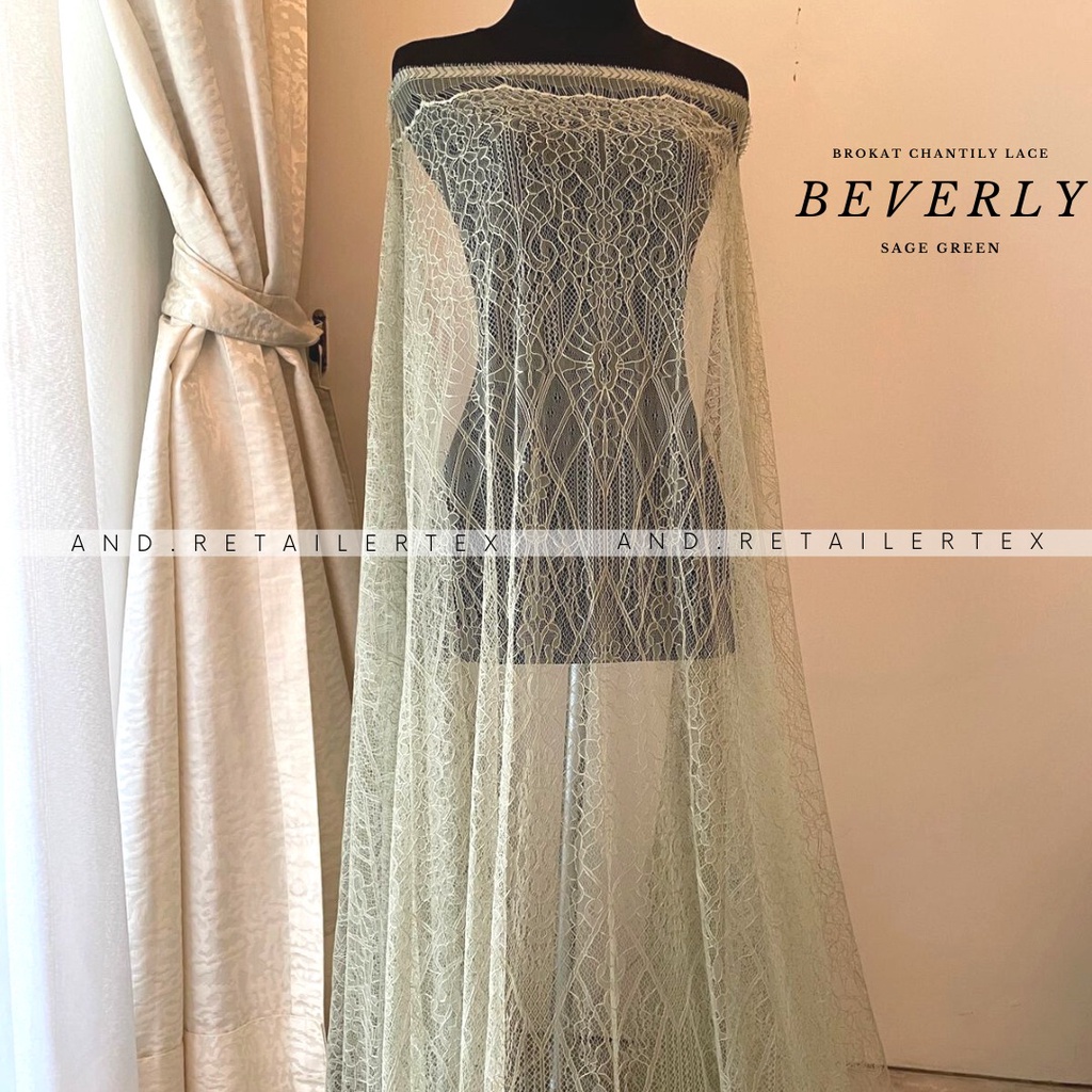 Bahan kebaya Brokat Lace Chantily Santili Semi France Beverly Warna Sage Green