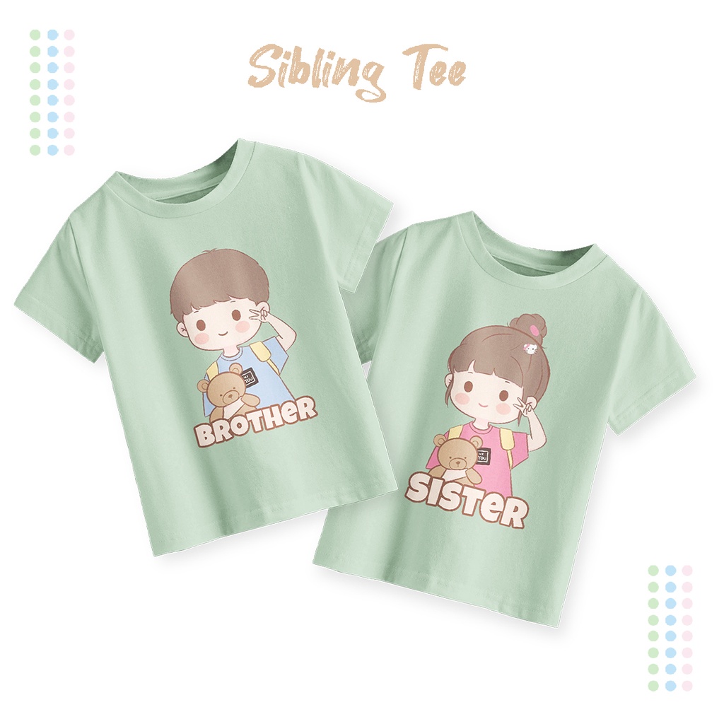 Kaos Couple Adek Kakak anak Laki-laki dan Perempuan Sibling Series Warna Green mint