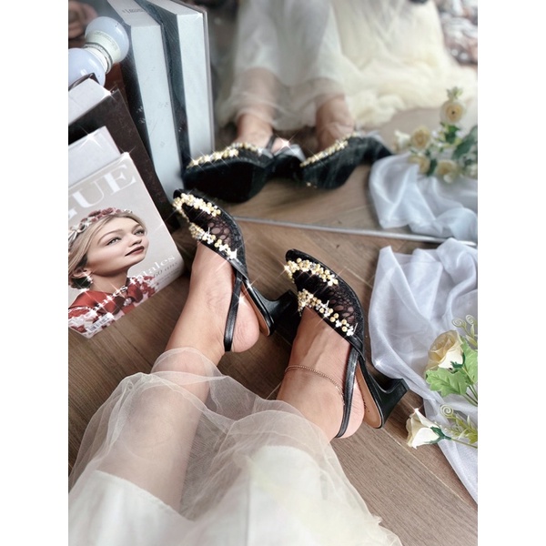 READY STOK Termurah!!! COD sendal payet hak 5cm Tali Ratu series hitam/senal payet weding