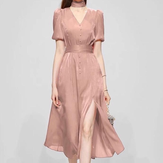 Midi Dress Flowy Silk Elegant Slit V Neck Korean Import Tnf