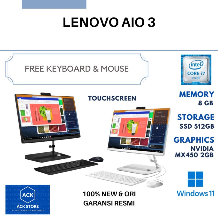 Lenovo AIO 3 A2ID A3ID i7 8GB SSD 512GB MX450 WIN11 OHS 23.8" TOUCH