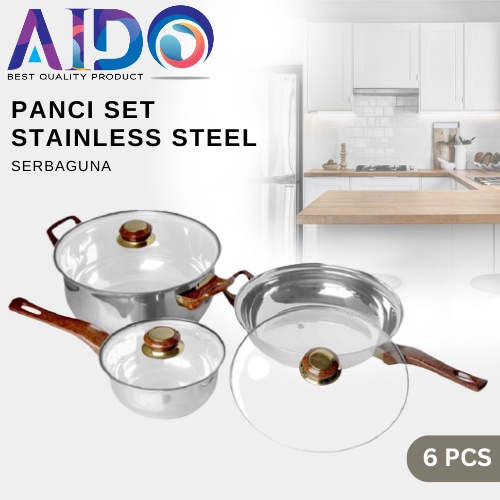 Panci Set plus tutup kaca Serbaguna Stainless Steel 6 Set 7206 Panci set stainless set cookware 6pc Q2 7206 - frypan panci serbaguna