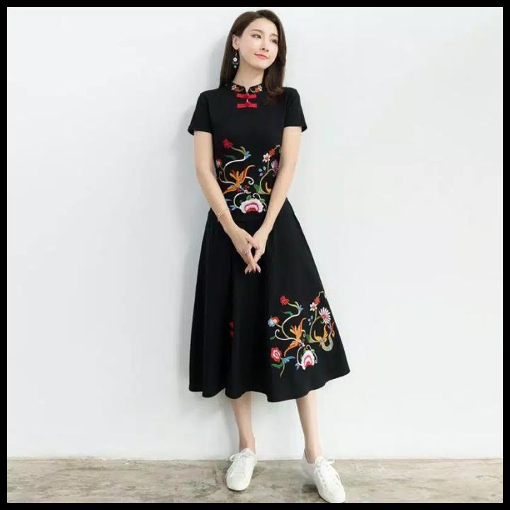 Promo Cheongsam Shortsleeve Dress Hanfu Floral Modern Traditional Hanbok