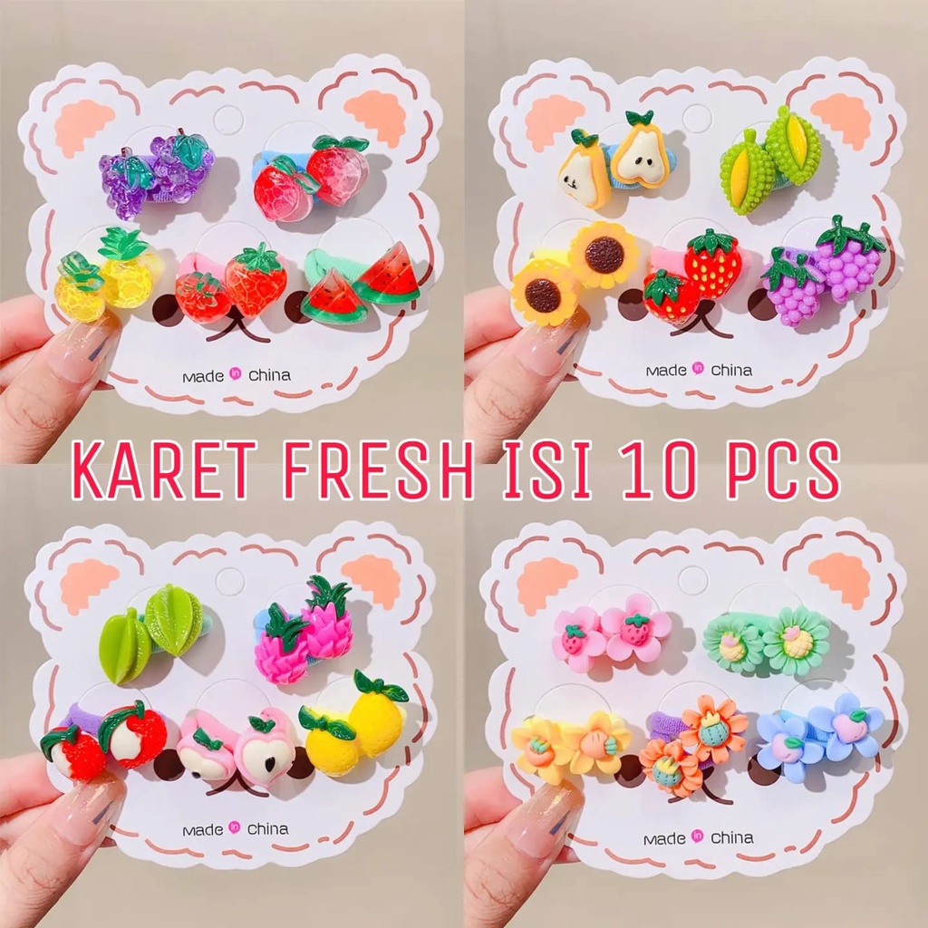 KARET RAMBUT FRESH ISI 10 PCS AKSESORIS FASHION IKAT RAMBUT ANAK LUCU MOTIF BUNGA BUAH