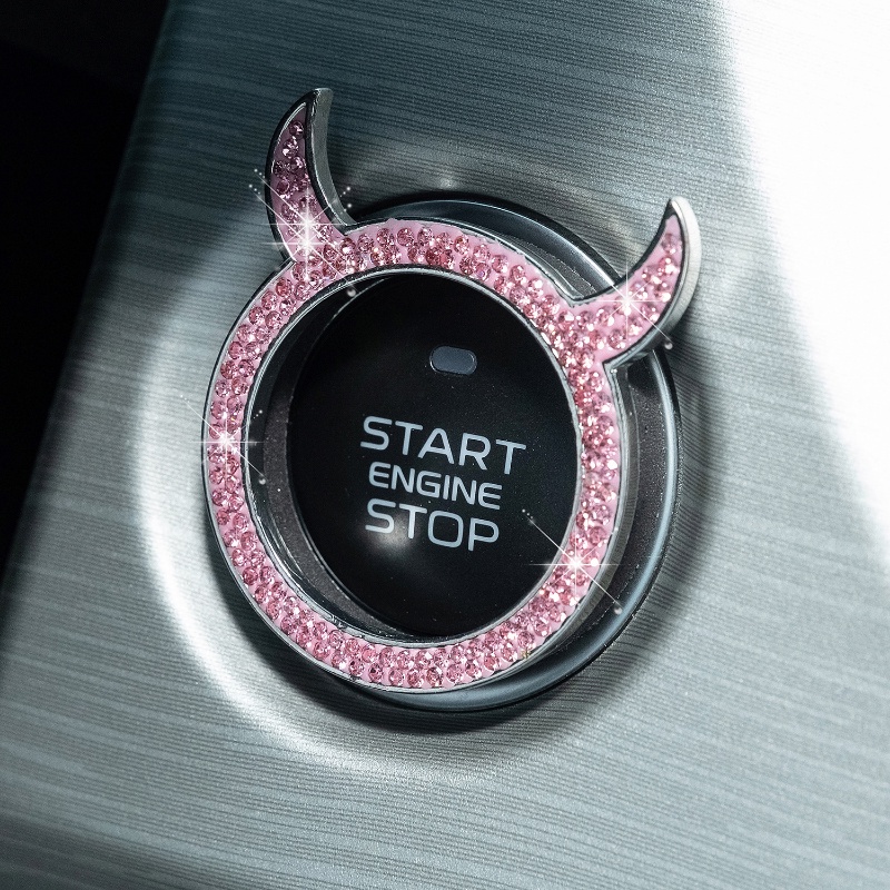 Tombol Saklar Start Stop Kontak Mesin Satu Klik Mobil Tombol Little Devil Cover Rhinestone Cover Pelindung Cincin Tangan-set Stiker Dekorasi Lingkaran