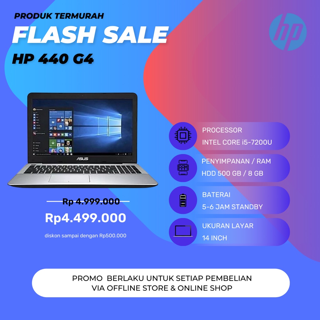 PROMO Laptop New HP Probook 440 G4 Intel Core i5-7020 Ram 8GB HDD 500GB Win10 14 inch Garansi 1 Tahun