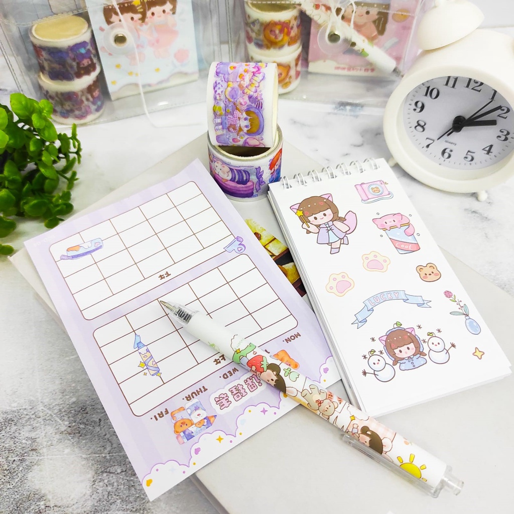 PAKET SET STICKER DAN WASHI TAPE KODE JBE-SCD LUCU IMUT KARAKTER GAMBAR