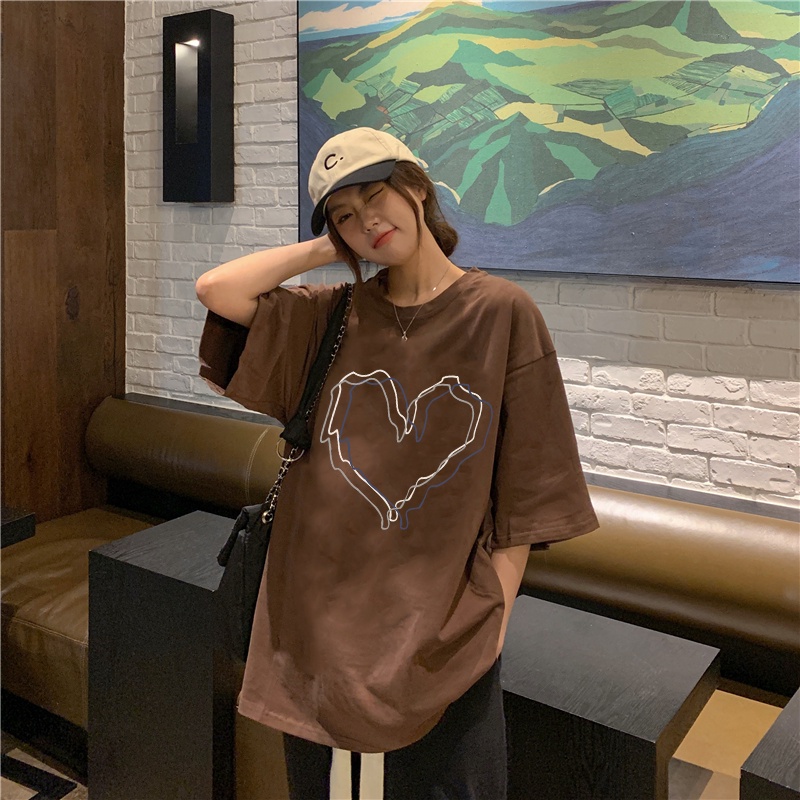 XIAOZHAINV Kaos Atasan Wanita Heart Pattern Lengan Pendek Cokelat 0076