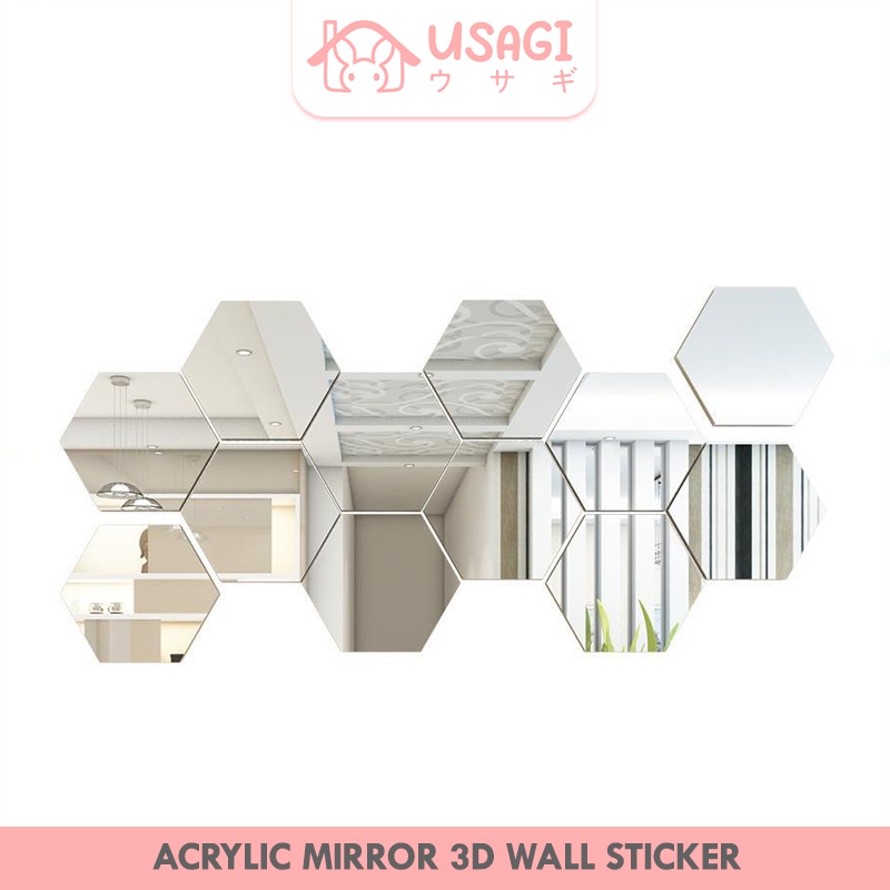 Usagi Official - Acrylic 3D Wall Sticker / Cermin Stiker Tempel / Cermin Kaca Hexagonal Hiasan Dindi
