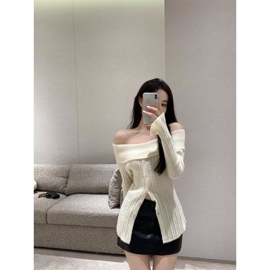 ◑☄Suhao angin lembut celah pakaian rajut wanita musim gugur baru hot gadis rasa desain ceruk lengan panjang satu bahu sweater top