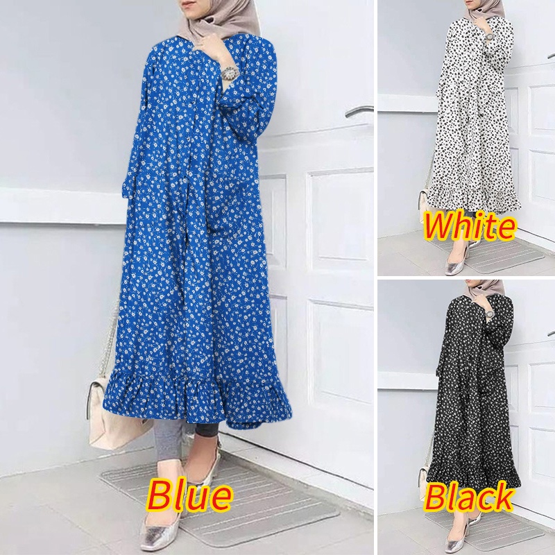 ZANZEA Women Button Down Front Long Sleeve Ruffles Hem Muslim Long Dress