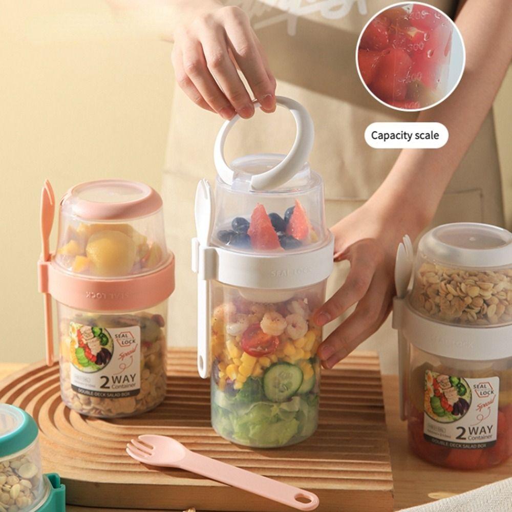[Elegan] Salad Cup Portable Plastik Dengan Garpu Dipisahkan Double-layer Fresh-keeping Lunch Box