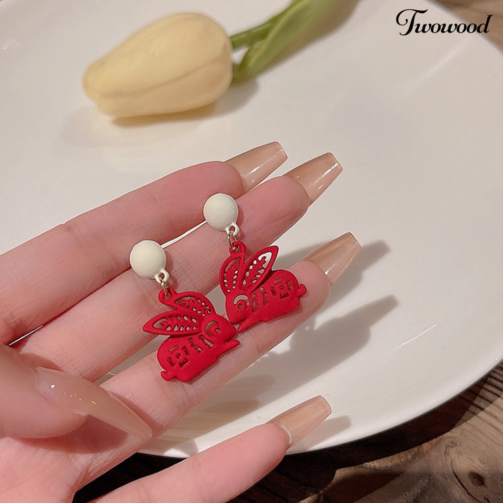 Twowood 1pasang Anting Menjuntai Kelinci Dekorasi Karakter Cina Romantis Menguntungkan Mutiara Imitasi Hiasan Telinga Vintage Cina Merah Cutting Paper Rabbit Earrings Aksesoris Pakaian