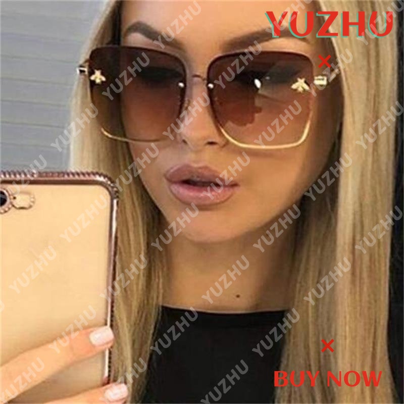 (YUZHU) Mode Barat Oversized Square Frame Polarized Gradient Sunglasses Vintage Fashion Logam Tanpa Bingkai Kacamata Wanita