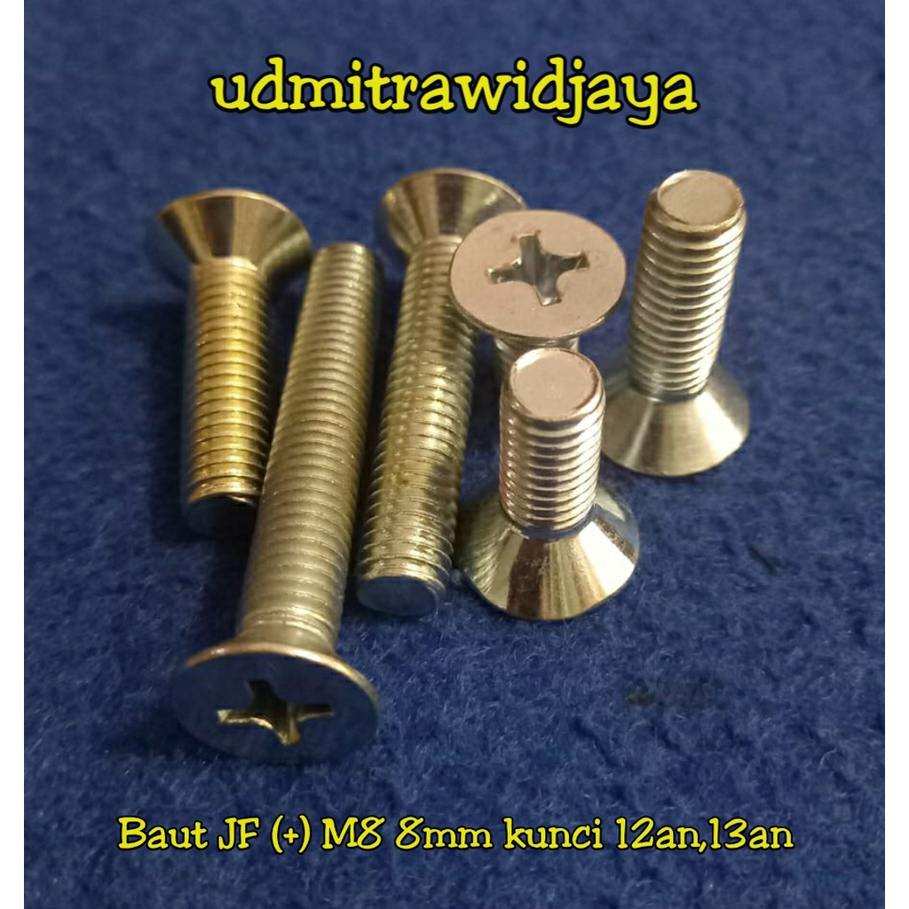 Baut Tirus Flat kunci 12 13 model JF + TIRUS panjang 1,5cm 2cm 2,5cm 3cm 4cm 5cm 6cm baut galvanis M8 8mm baut obeng kunci 12an 13an baut kupingan lampu baut pangkon lampu baut countersenk obeng (+) kunci plus ples baut variasi pagar