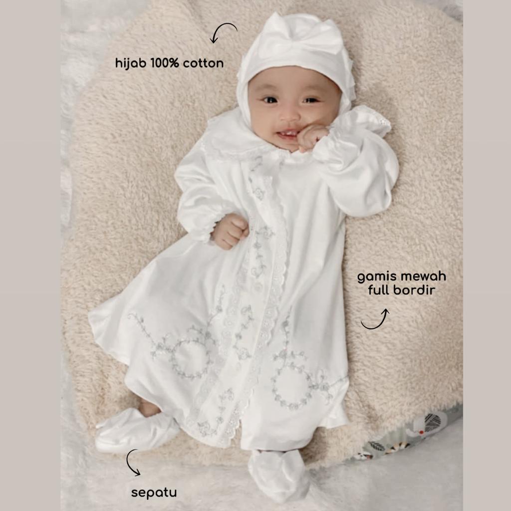 GAMIS MEWAH AQIQAH /PURE WHITE Baju setelan dress muslim lebaran bandana sepatu lucu cantik anak bayi cewek perempuan