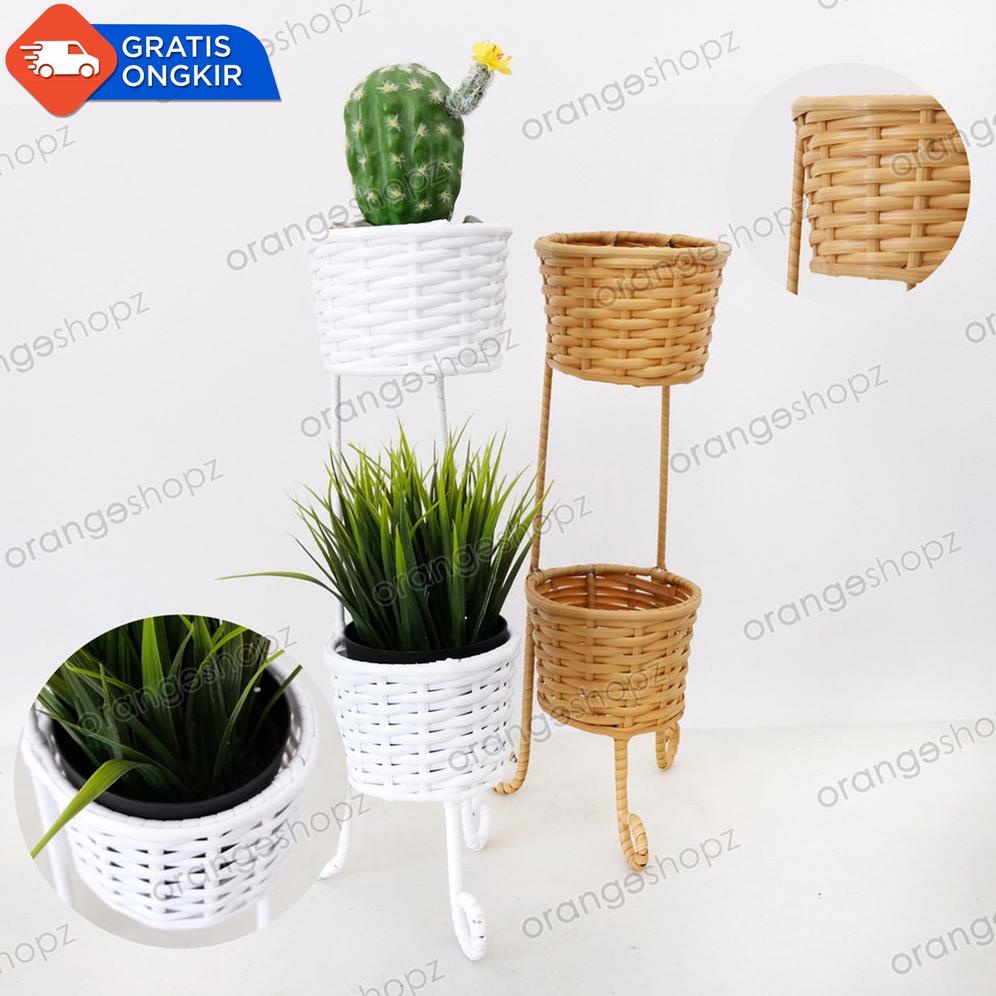 Rak besi Pot Bunga Anyam 2 Susun Vas Bungan Standing Besi Dekorasi Rumah Tanaman Imitasi