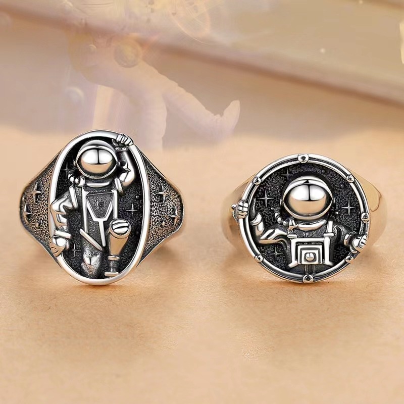 Retro Astronot Bulan Cincin Pria Trendi Hip Hop Pembukaan Cincin Pasangan Yang Dapat Disesuaikan