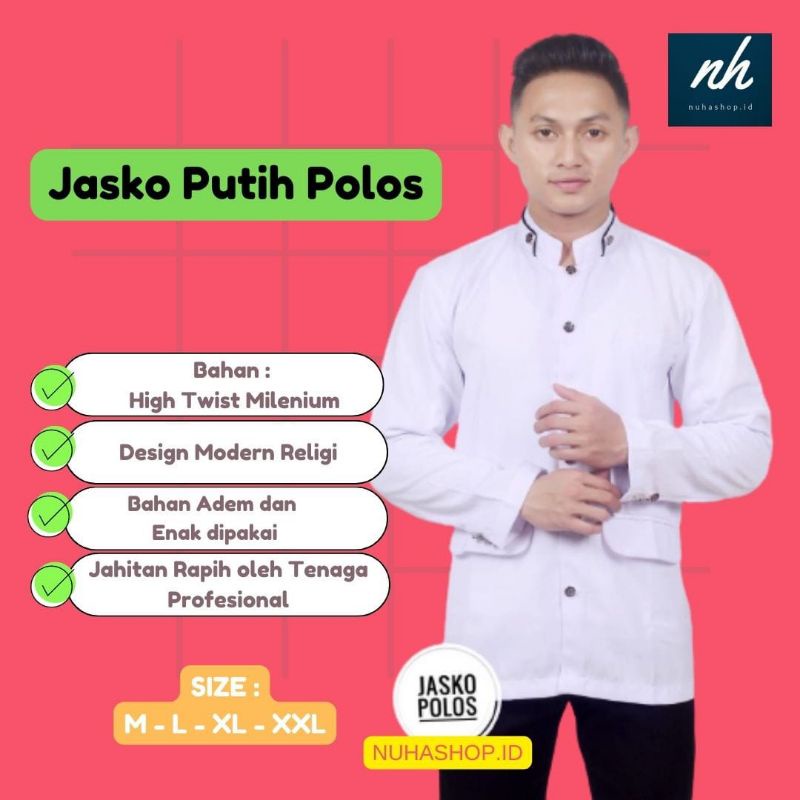 Koko Jasko Jas Koko Polos Putih Pakaian Baju Atasan Muslim Pria Lengan Panjang Bahan Katun High Twis